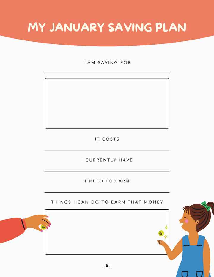 Original My January Saving Plan page: savings goal, cost, current amount and ways to earn the difference