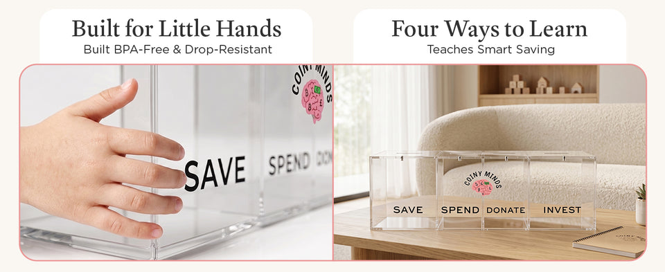 Original Built for Little Hands banner showing a close-up of the clear acrylic and the four-compartment bank on a wooden table