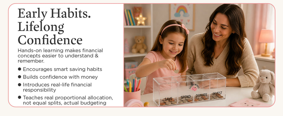 Original Early Habits, Lifelong Confidence banner with a parent and child exploring coins beside the clear money bank