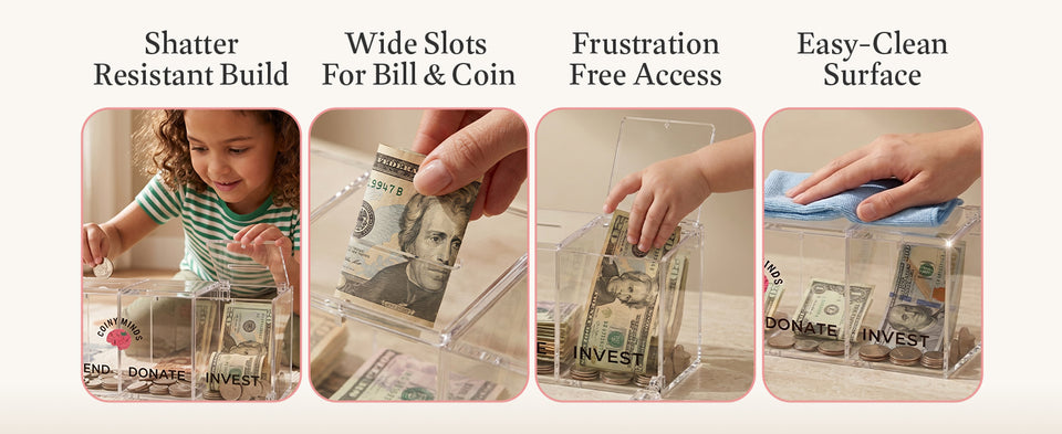 Original four-panel bank demonstration showing a child using it, a bill going into a slot, the top being opened and the acrylic being wiped with a cloth