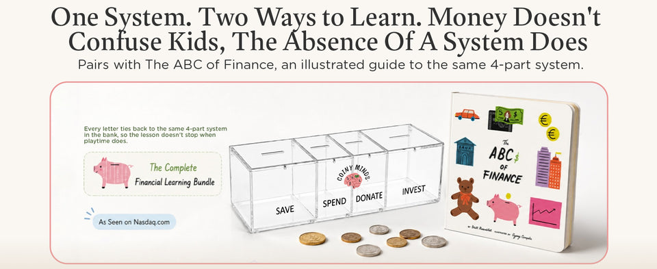 Original One System, Two Ways to Learn banner showing The ABC$ of Finance book alongside the clear Coiny Minds money bank