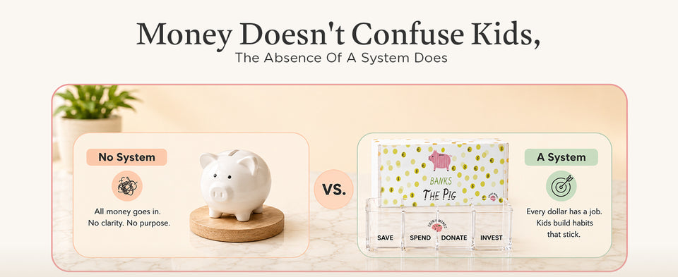 Original Coiny Minds comparison banner showing a traditional piggy bank alongside the four-purpose clear bank and its printed box