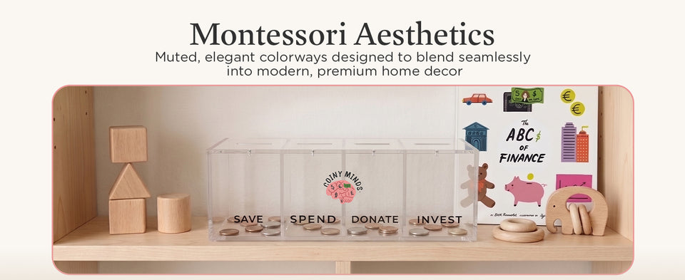 Original Montessori-inspired home banner showing the book and clear bank on a wooden shelf among simple wooden play materials