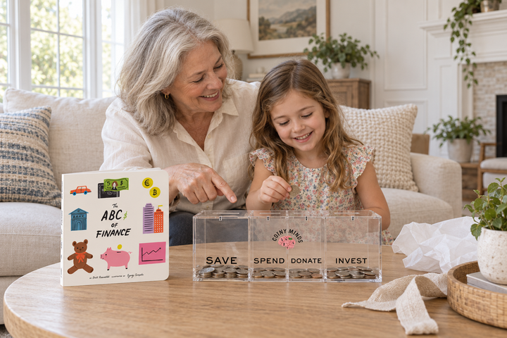 A grandparent and child sharing the Coiny Minds board book and acrylic bank in a bright family room